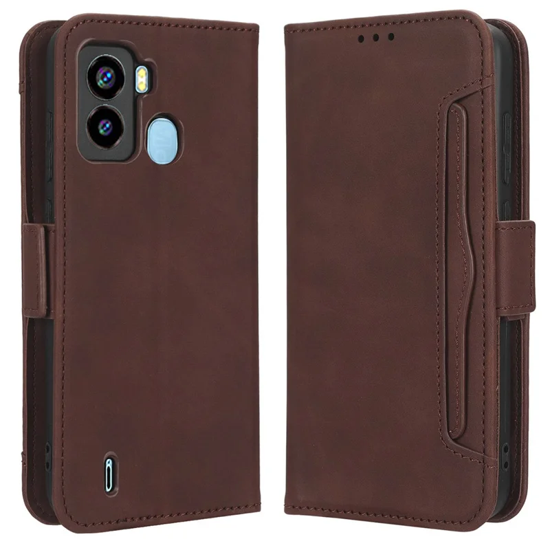 Shockproof Phone Case For TECNO Pop 6 4G / BE7, Dual Magnetic Clasp PU Leather Stand Wallet Phone Cover with Multiple Card Slots - Brown