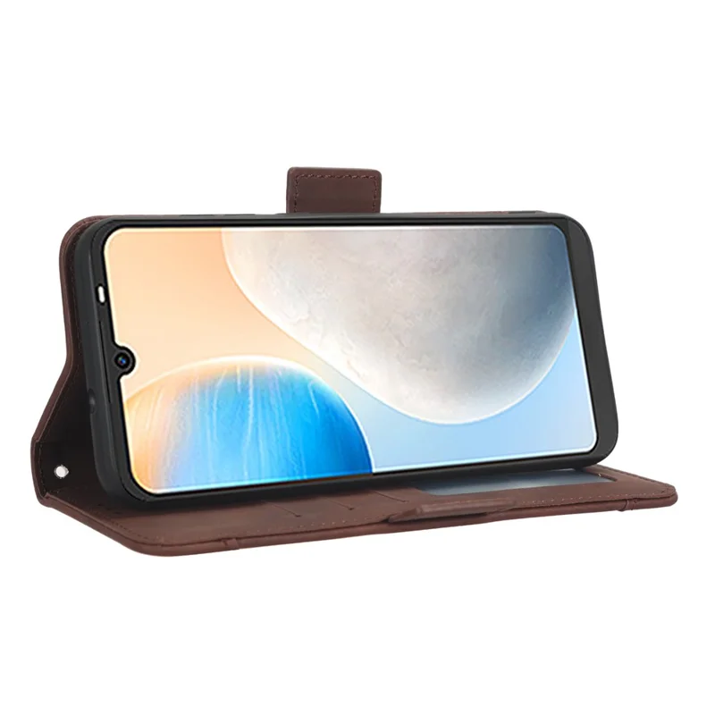 Shockproof Phone Case For TECNO Pop 6 4G / BE7, Dual Magnetic Clasp PU Leather Stand Wallet Phone Cover with Multiple Card Slots - Brown