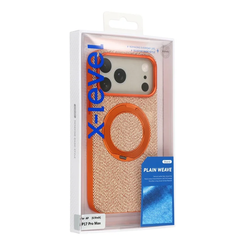 X-LEVEL لجهاز iPhone 17 Pro غطاء مغناطيسي دوار بحامل قابل للطي قماش مزخرف + جلد + PC + غطاء هاتف TPU - برتقالي