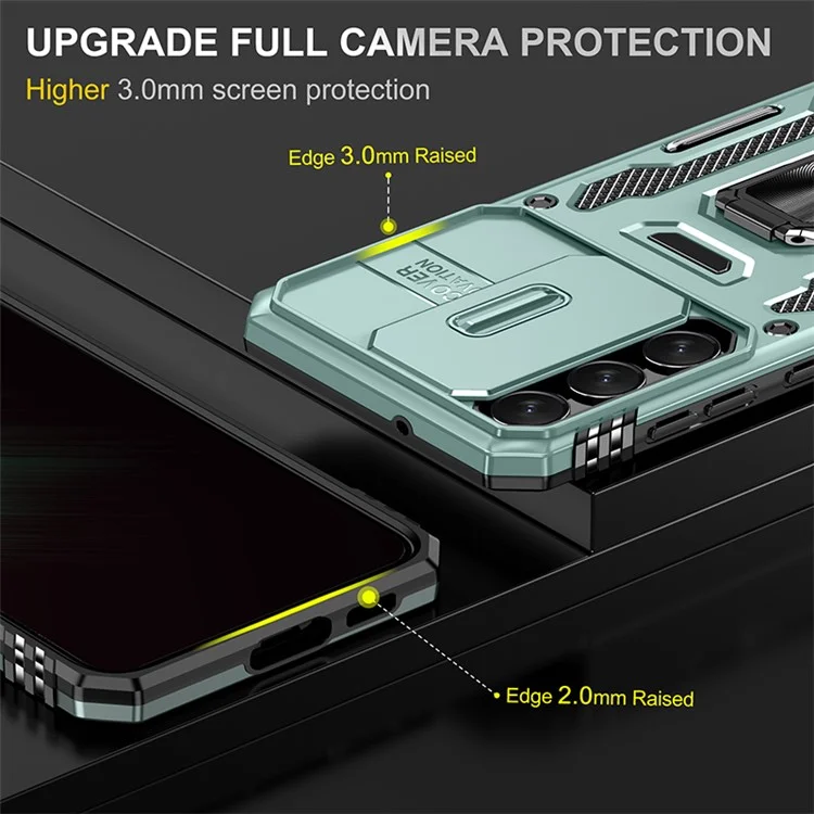 Armor Series for Samsung Galaxy S23 Kickstand Shock-absorbing PC + TPU Hybrid Cover Protective Phone Case with Slide Camera Protector - Green