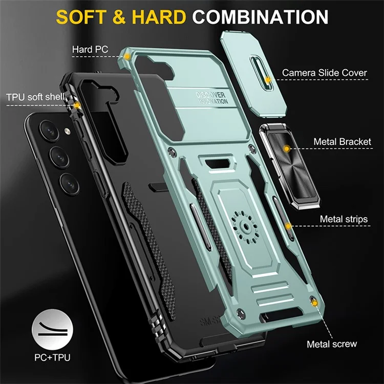 Armor Series for Samsung Galaxy S23 Kickstand Shock-absorbing PC + TPU Hybrid Cover Protective Phone Case with Slide Camera Protector - Green