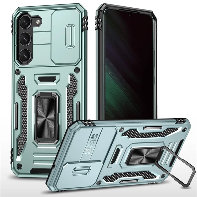 Armor Series for Samsung Galaxy S23+ Kickstand Impact Resistant PC + TPU Hybrid Cover Protective Phone Case with Slide Camera Protector - Green