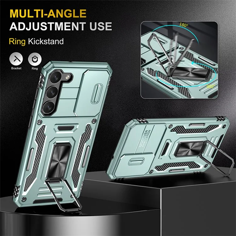 Armor Series for Samsung Galaxy S23+ Kickstand Impact Resistant PC + TPU Hybrid Cover Protective Phone Case with Slide Camera Protector - Green