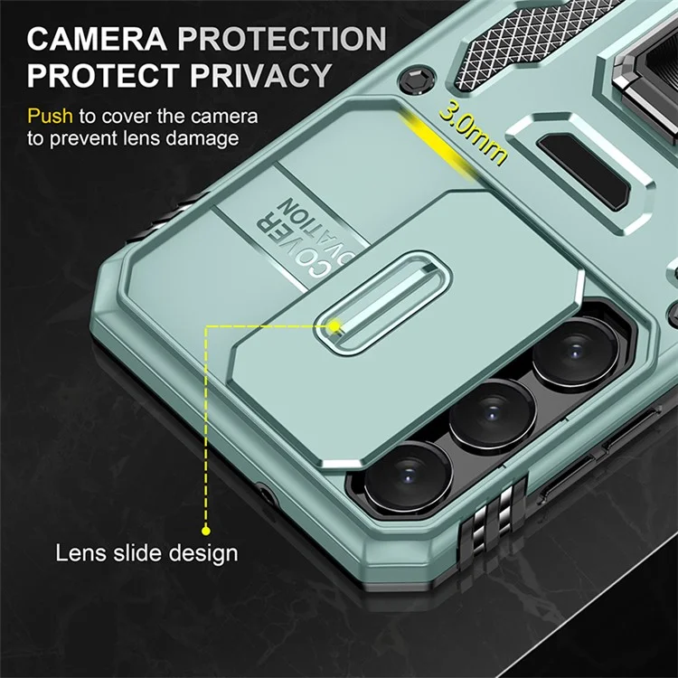 Armor Series for Samsung Galaxy S23+ Kickstand Impact Resistant PC + TPU Hybrid Cover Protective Phone Case with Slide Camera Protector - Green