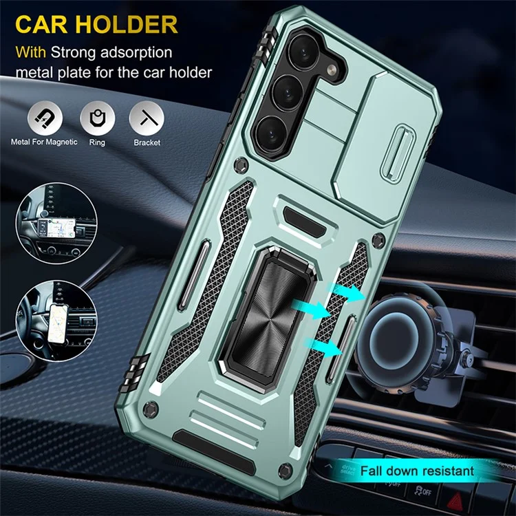 Armor Series for Samsung Galaxy S23+ Kickstand Impact Resistant PC + TPU Hybrid Cover Protective Phone Case with Slide Camera Protector - Green