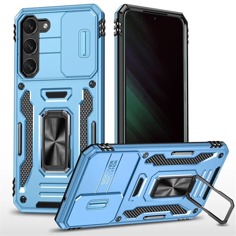 Armor Series for Samsung Galaxy S23+ Kickstand Impact Resistant PC + TPU Hybrid Cover Protective Phone Case with Slide Camera Protector - Sky Blue
