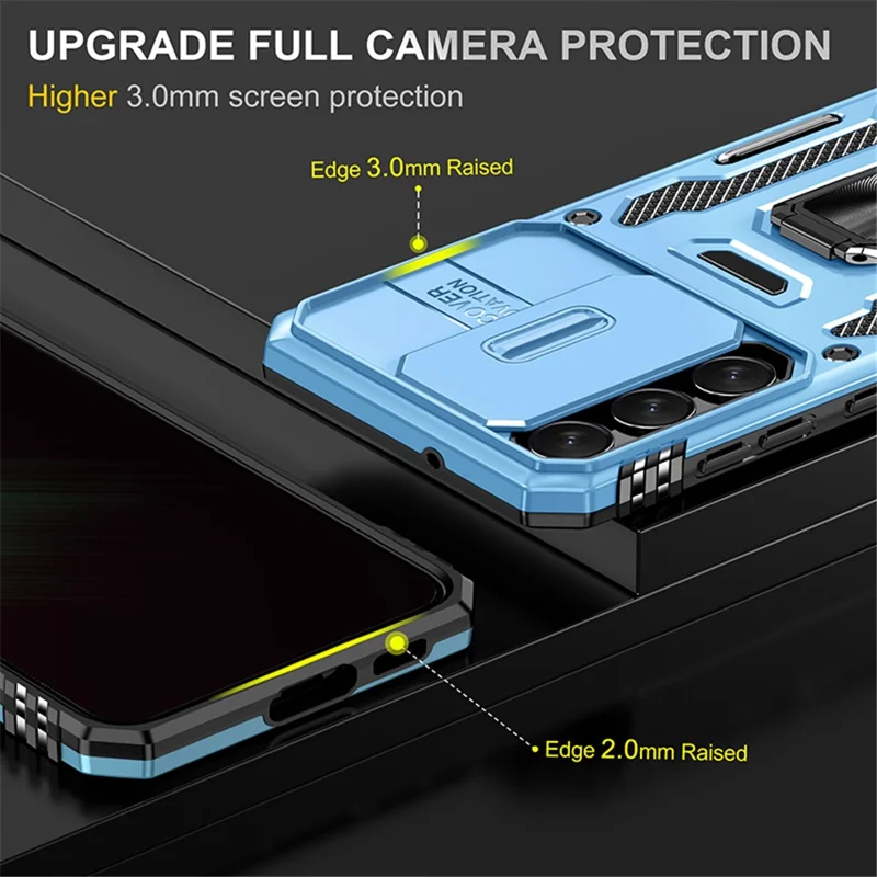 Armor Series for Samsung Galaxy S23+ Kickstand Impact Resistant PC + TPU Hybrid Cover Protective Phone Case with Slide Camera Protector - Sky Blue