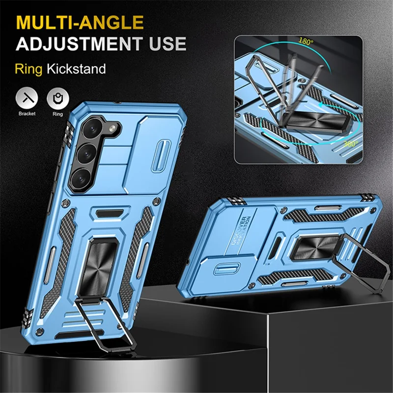 Armor Series for Samsung Galaxy S23+ Kickstand Impact Resistant PC + TPU Hybrid Cover Protective Phone Case with Slide Camera Protector - Sky Blue