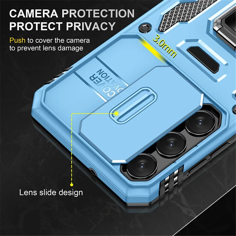 Armor Series for Samsung Galaxy S23+ Kickstand Impact Resistant PC + TPU Hybrid Cover Protective Phone Case with Slide Camera Protector - Sky Blue