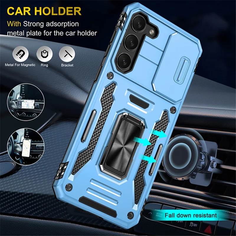 Armor Series for Samsung Galaxy S23+ Kickstand Impact Resistant PC + TPU Hybrid Cover Protective Phone Case with Slide Camera Protector - Sky Blue