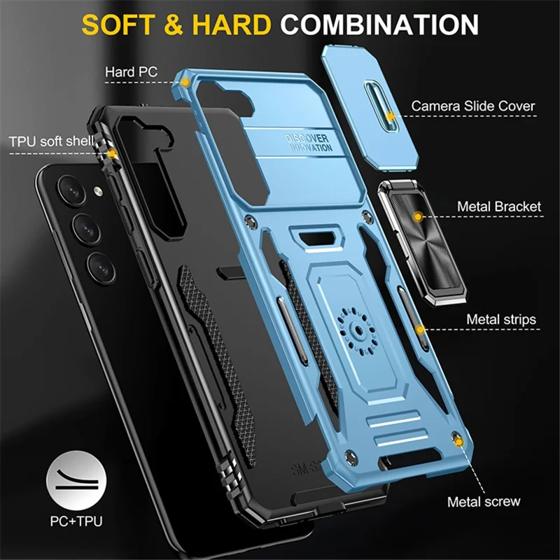 Armor Series for Samsung Galaxy S23+ Kickstand Impact Resistant PC + TPU Hybrid Cover Protective Phone Case with Slide Camera Protector - Sky Blue