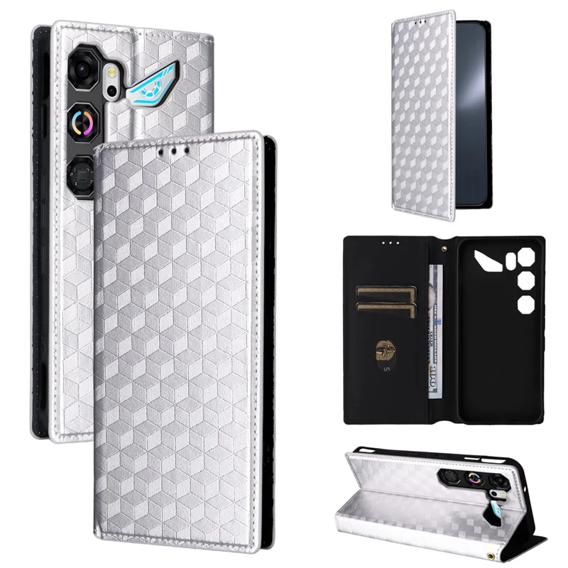 Cover per ZTE nubia Neo 5 GT 5G con Portafoglio, TPU e Pelle PU con Stampa Rombo, Color Argento