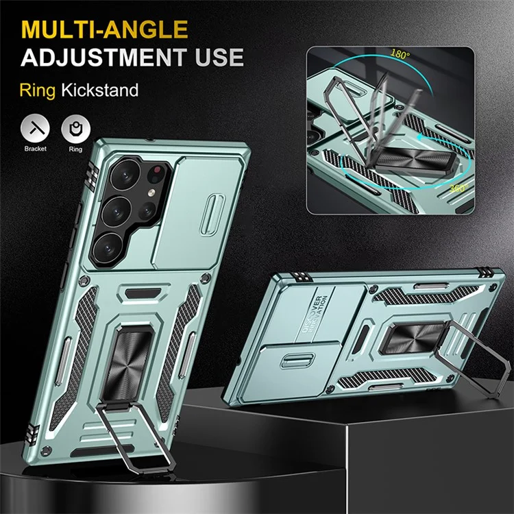 Armor Series for Samsung Galaxy S23 Ultra Protective Phone Case, Kickstand PC + TPU Hybrid Cover with Slide Camera Protector - Green