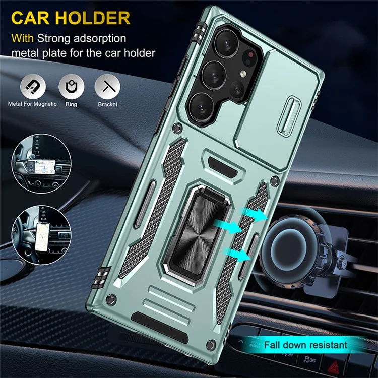 Armor Series for Samsung Galaxy S23 Ultra Protective Phone Case, Kickstand PC + TPU Hybrid Cover with Slide Camera Protector - Green
