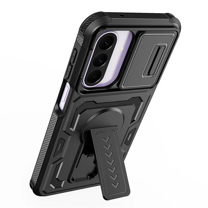 For Samsung Galaxy A27 Case Slide Lens Shield PC + TPU Kickstand Phone Cover - Black