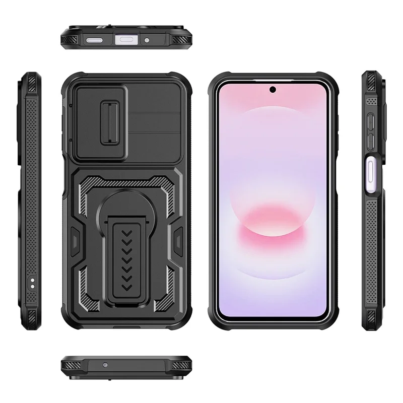 For Samsung Galaxy A27 Case Slide Lens Shield PC + TPU Kickstand Phone Cover - Black