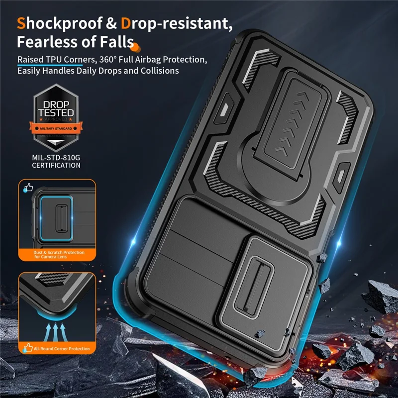 For Samsung Galaxy A27 Case Slide Lens Shield PC + TPU Kickstand Phone Cover - Black
