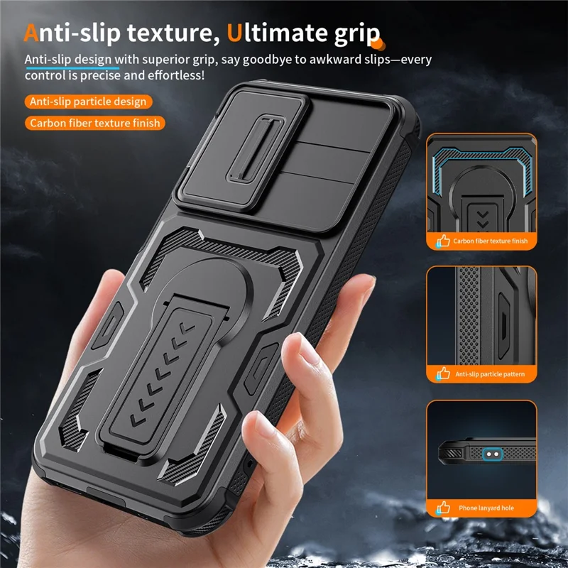 For Samsung Galaxy A27 Case Slide Lens Shield PC + TPU Kickstand Phone Cover - Black