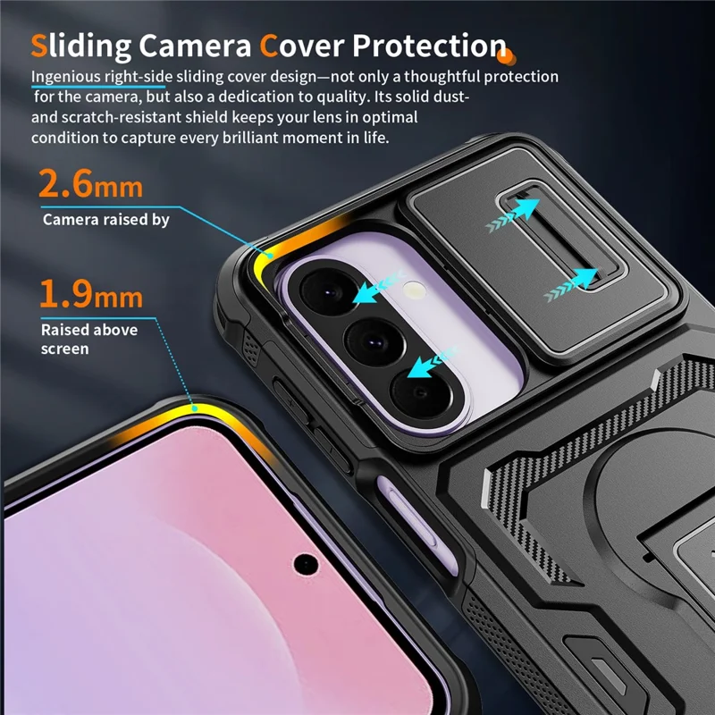For Samsung Galaxy A27 Case Slide Lens Shield PC + TPU Kickstand Phone Cover - Black