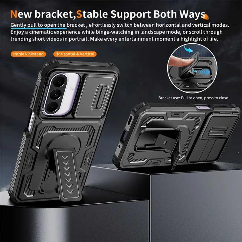 For Samsung Galaxy A27 Case Slide Lens Shield PC + TPU Kickstand Phone Cover - Black