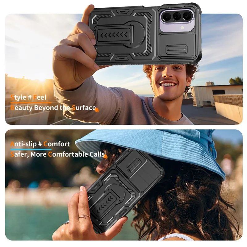 For Samsung Galaxy A27 Case Slide Lens Shield PC + TPU Kickstand Phone Cover - Black