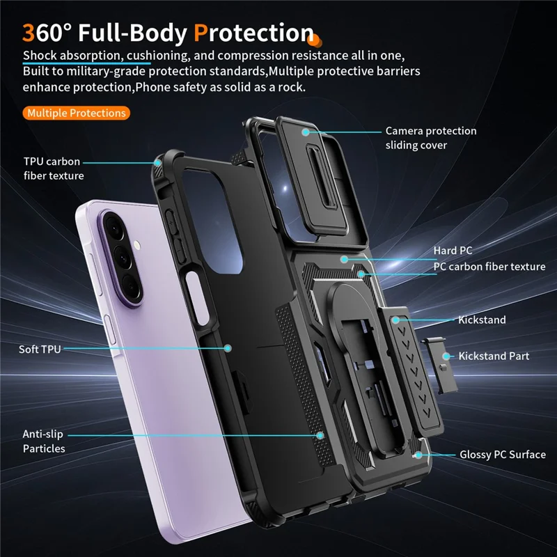 For Samsung Galaxy A27 Case Slide Lens Shield PC + TPU Kickstand Phone Cover - Black