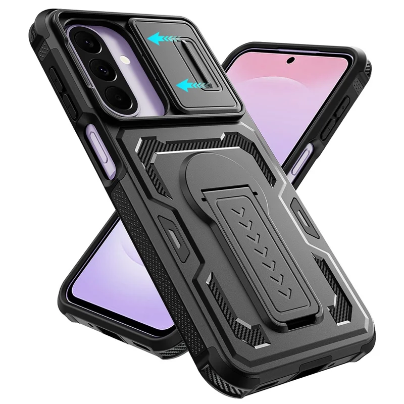 For Samsung Galaxy A27 Case Slide Lens Shield PC + TPU Kickstand Phone Cover - Black