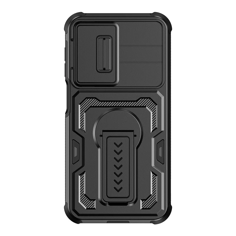 For Samsung Galaxy A27 Case Slide Lens Shield PC + TPU Kickstand Phone Cover - Black