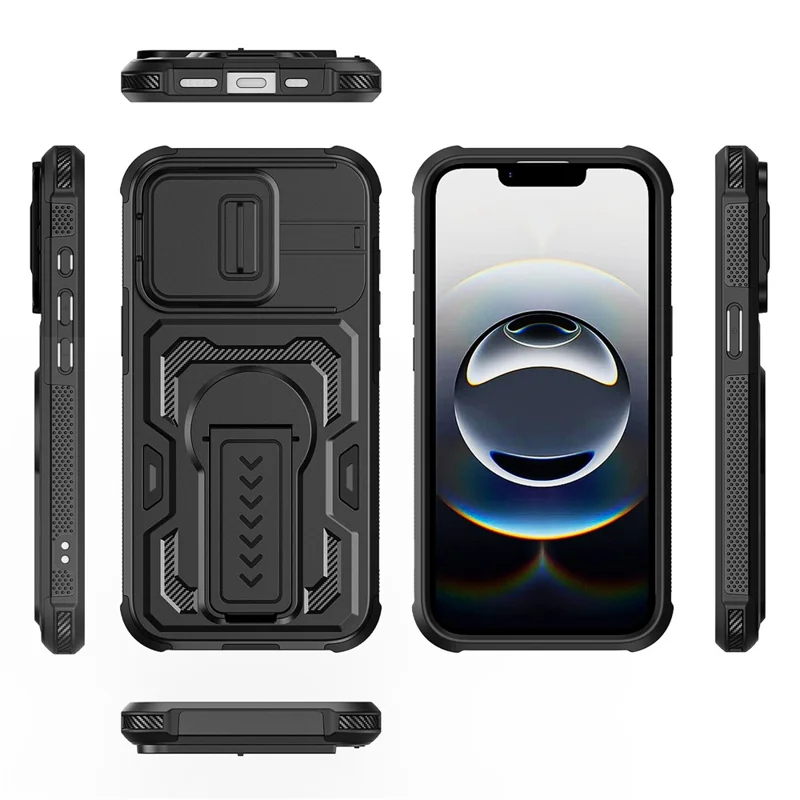 För iPhone 17e / 16e skal med skydd för lins, PC + TPU, med ställfot - Svart