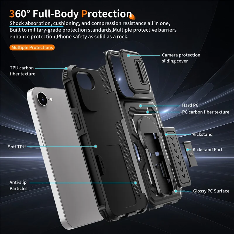 För iPhone 17e / 16e skal med skydd för lins, PC + TPU, med ställfot - Svart