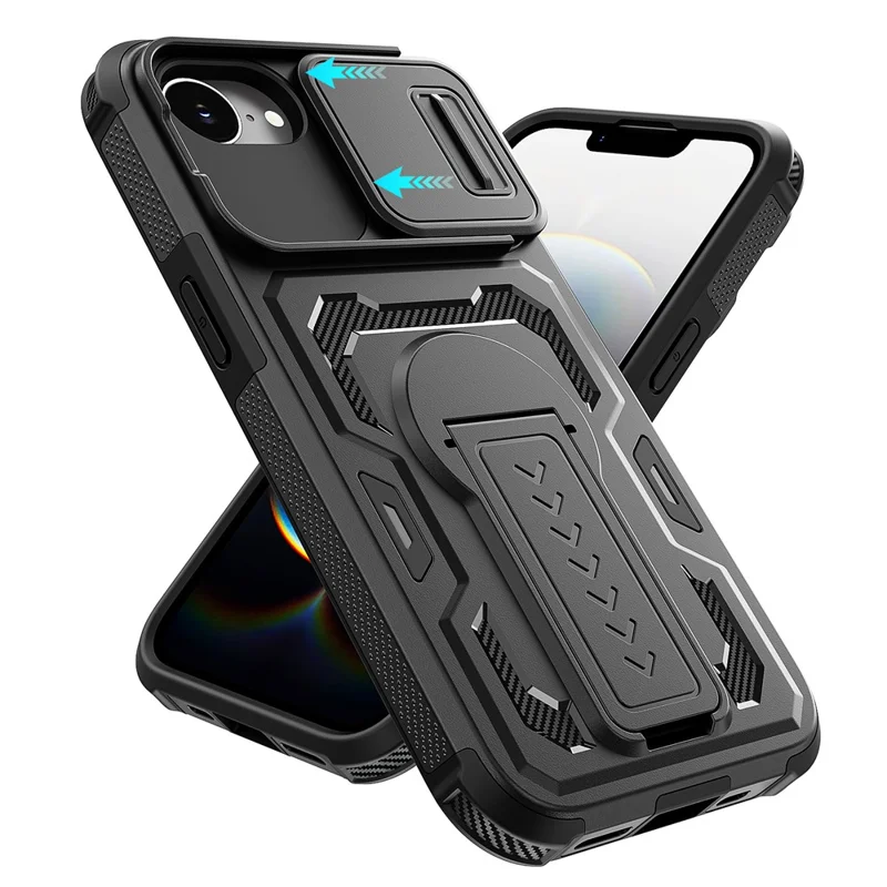För iPhone 17e / 16e skal med skydd för lins, PC + TPU, med ställfot - Svart