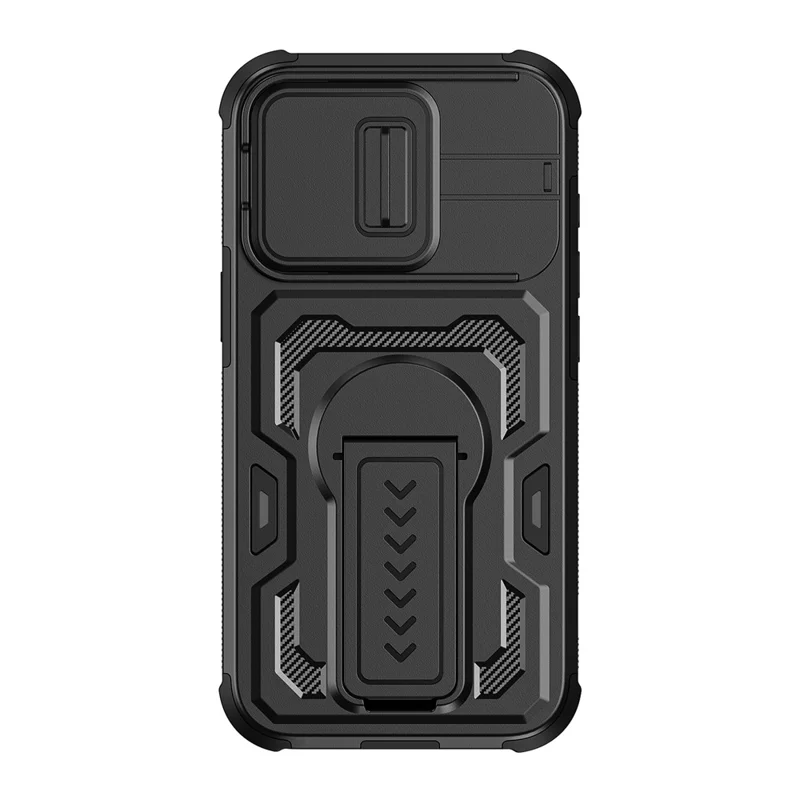 För iPhone 17e / 16e skal med skydd för lins, PC + TPU, med ställfot - Svart