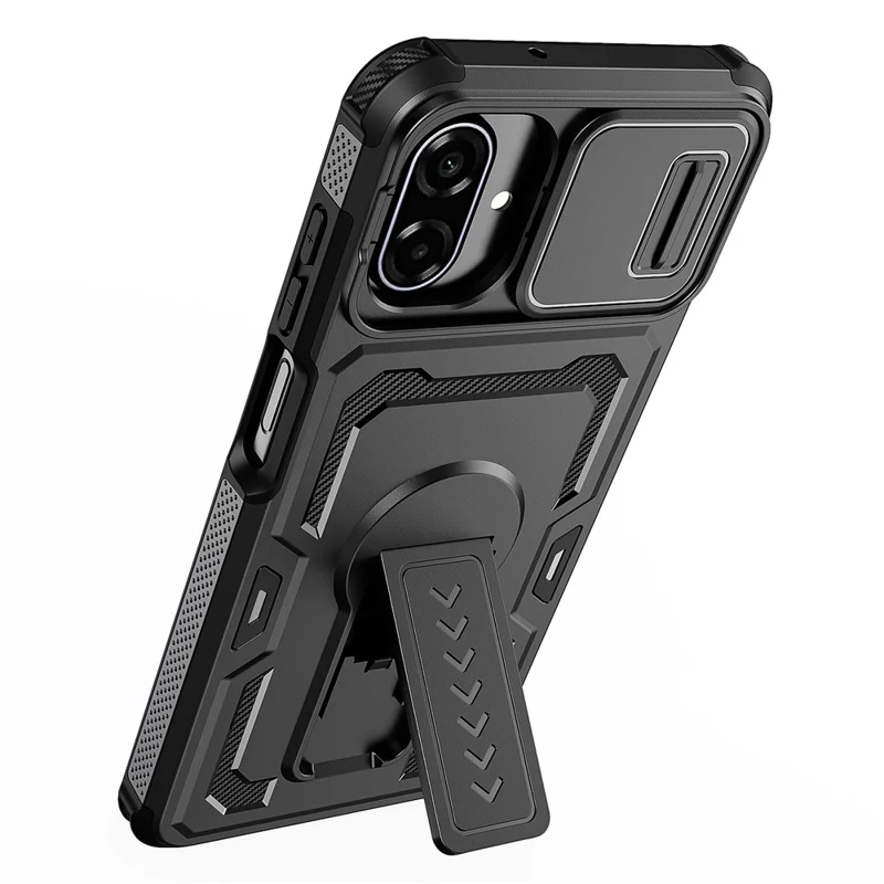 For Samsung Galaxy A07 5G Case Slide Lens Shield PC + TPU Kickstand Phone Cover - Black