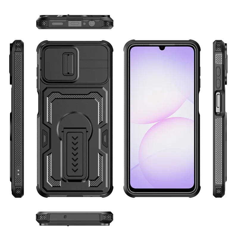 For Samsung Galaxy A07 5G Case Slide Lens Shield PC + TPU Kickstand Phone Cover - Black