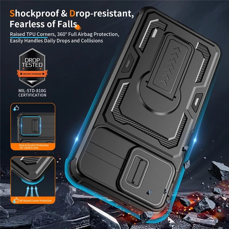 For Samsung Galaxy A07 5G Case Slide Lens Shield PC + TPU Kickstand Phone Cover - Black