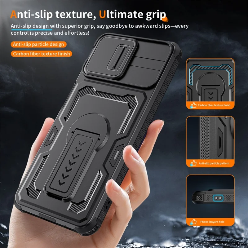 For Samsung Galaxy A07 5G Case Slide Lens Shield PC + TPU Kickstand Phone Cover - Black