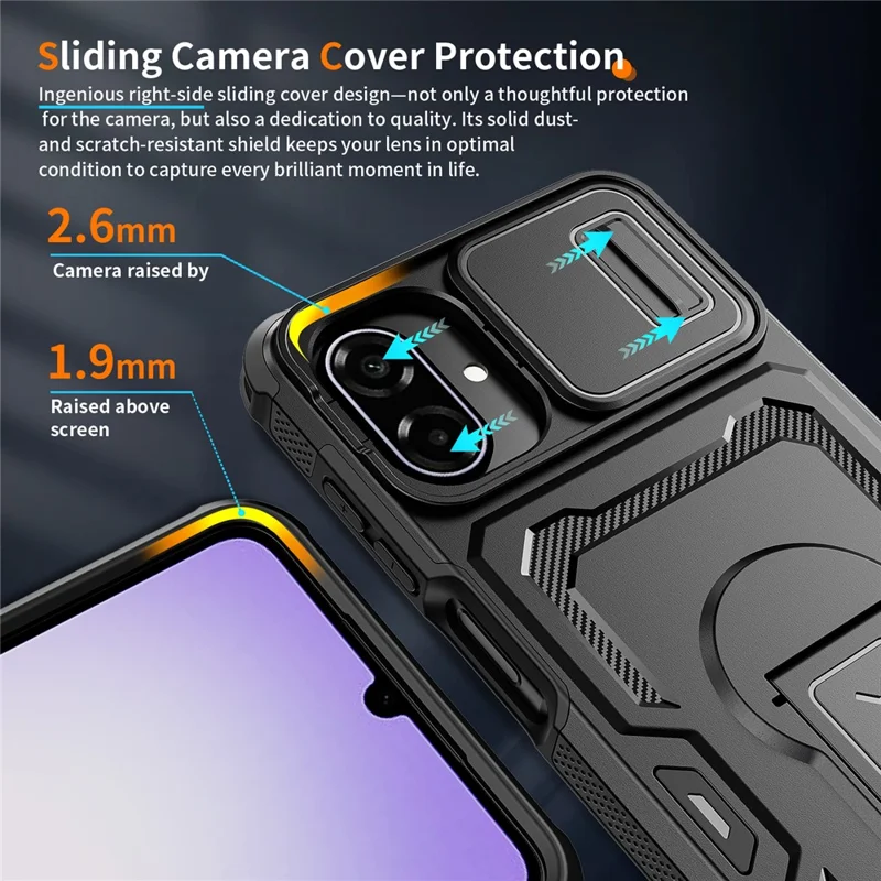 For Samsung Galaxy A07 5G Case Slide Lens Shield PC + TPU Kickstand Phone Cover - Black
