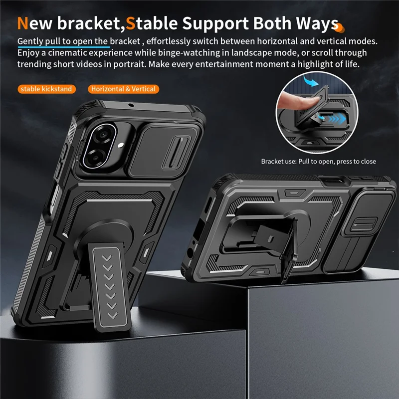 For Samsung Galaxy A07 5G Case Slide Lens Shield PC + TPU Kickstand Phone Cover - Black