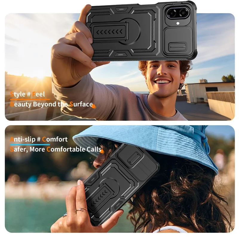 For Samsung Galaxy A07 5G Case Slide Lens Shield PC + TPU Kickstand Phone Cover - Black