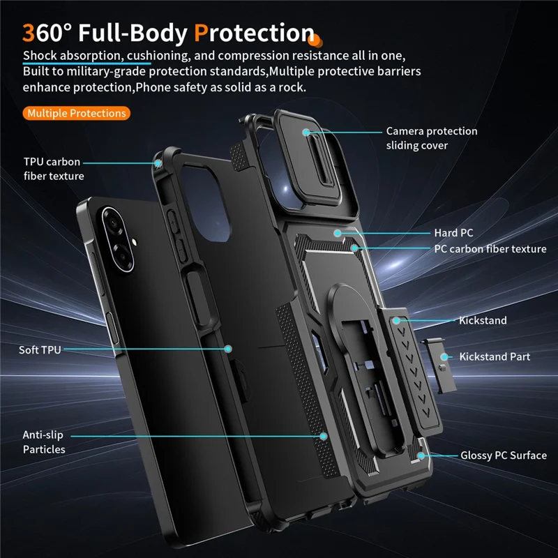 For Samsung Galaxy A07 5G Case Slide Lens Shield PC + TPU Kickstand Phone Cover - Black