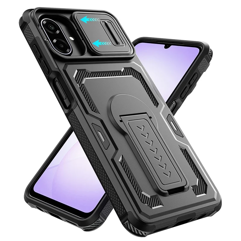 For Samsung Galaxy A07 5G Case Slide Lens Shield PC + TPU Kickstand Phone Cover - Black