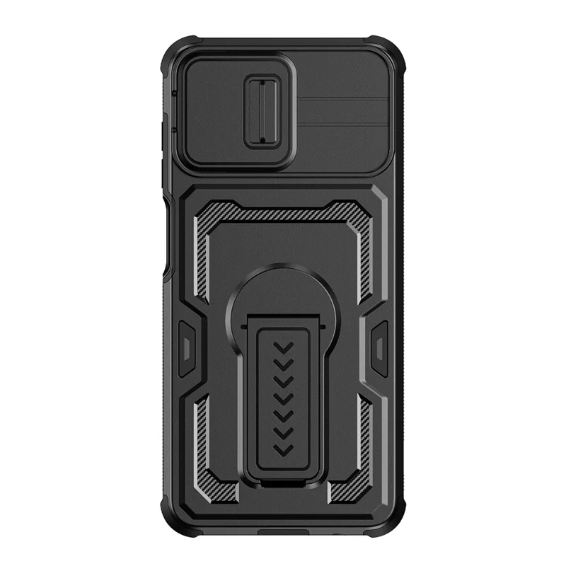 For Samsung Galaxy A07 5G Case Slide Lens Shield PC + TPU Kickstand Phone Cover - Black