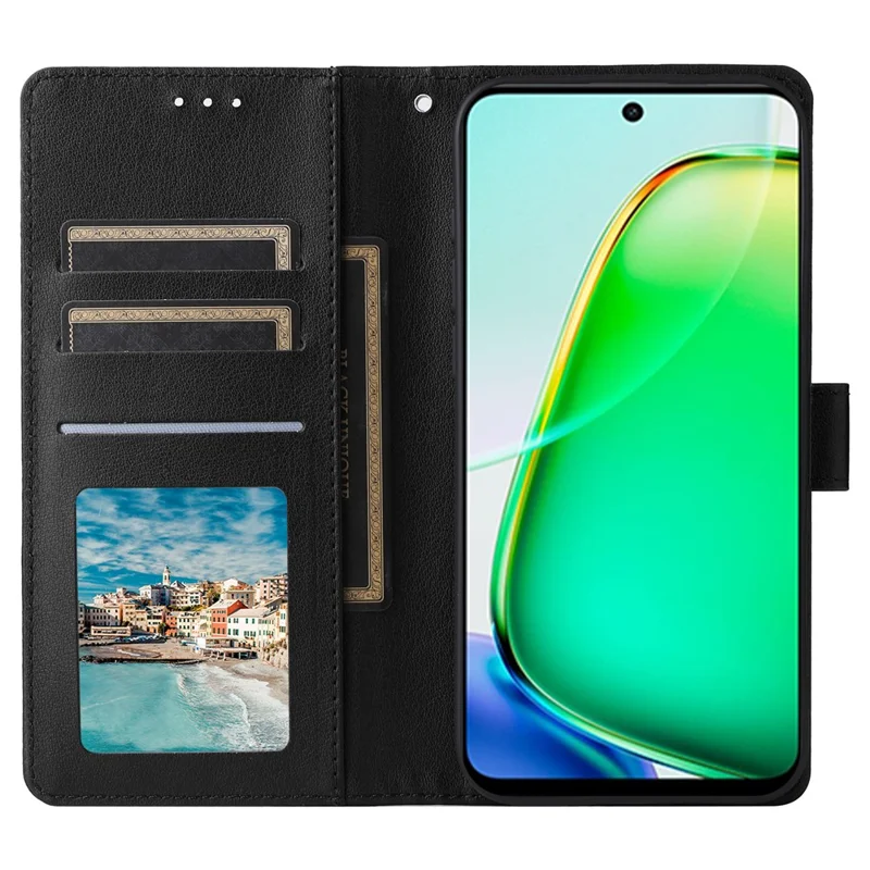 Capa de Telemóvel Carteira em Pele PU com Suporte para Realme 16 Pro+ 5G com Pulseira - Preto