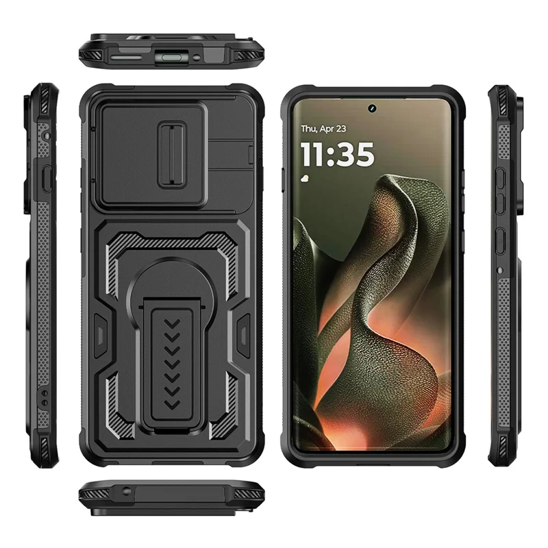 Motorola Edge 60 Pro 5G-hoesje met schuifbare lensafdekking PC + TPU staander telefoonhoes - Zwart