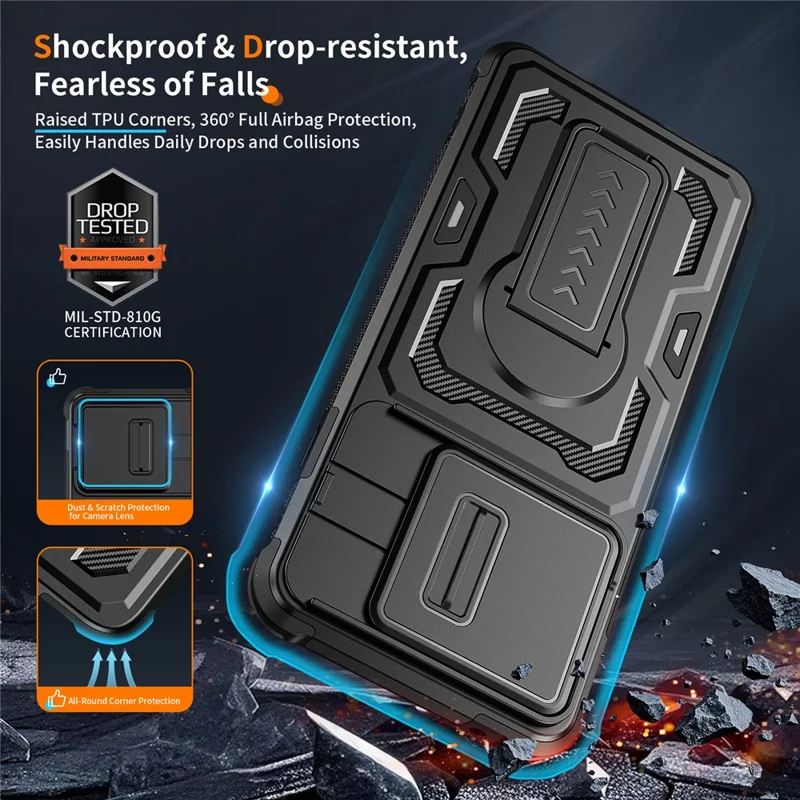 Motorola Edge 60 Pro 5G-hoesje met schuifbare lensafdekking PC + TPU staander telefoonhoes - Zwart