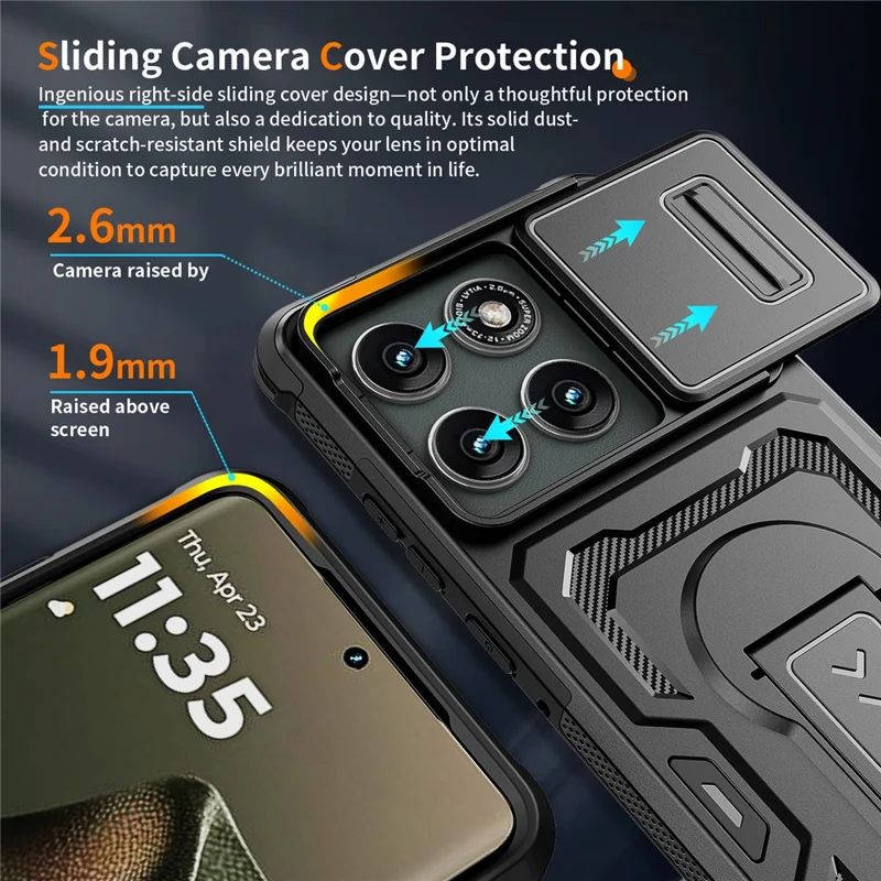Motorola Edge 60 Pro 5G-hoesje met schuifbare lensafdekking PC + TPU staander telefoonhoes - Zwart