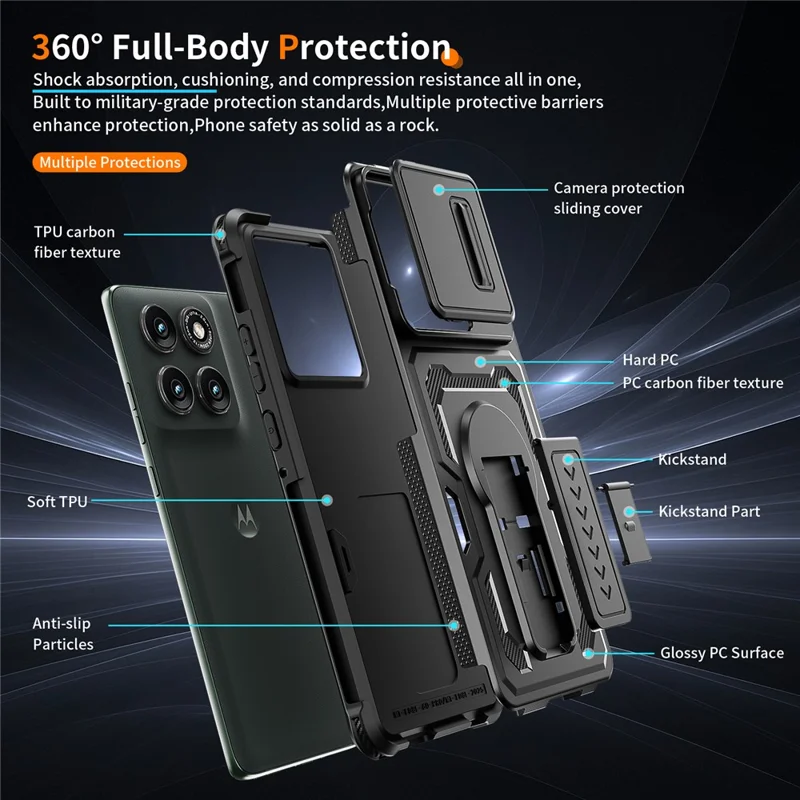 Motorola Edge 60 Pro 5G-hoesje met schuifbare lensafdekking PC + TPU staander telefoonhoes - Zwart