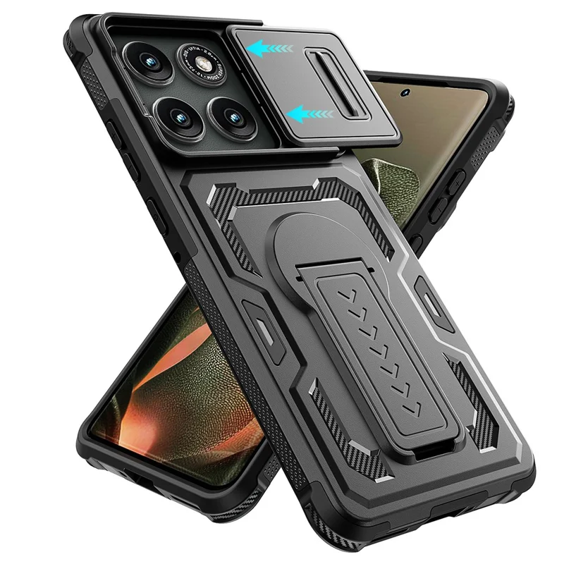 Motorola Edge 60 Pro 5G-hoesje met schuifbare lensafdekking PC + TPU staander telefoonhoes - Zwart