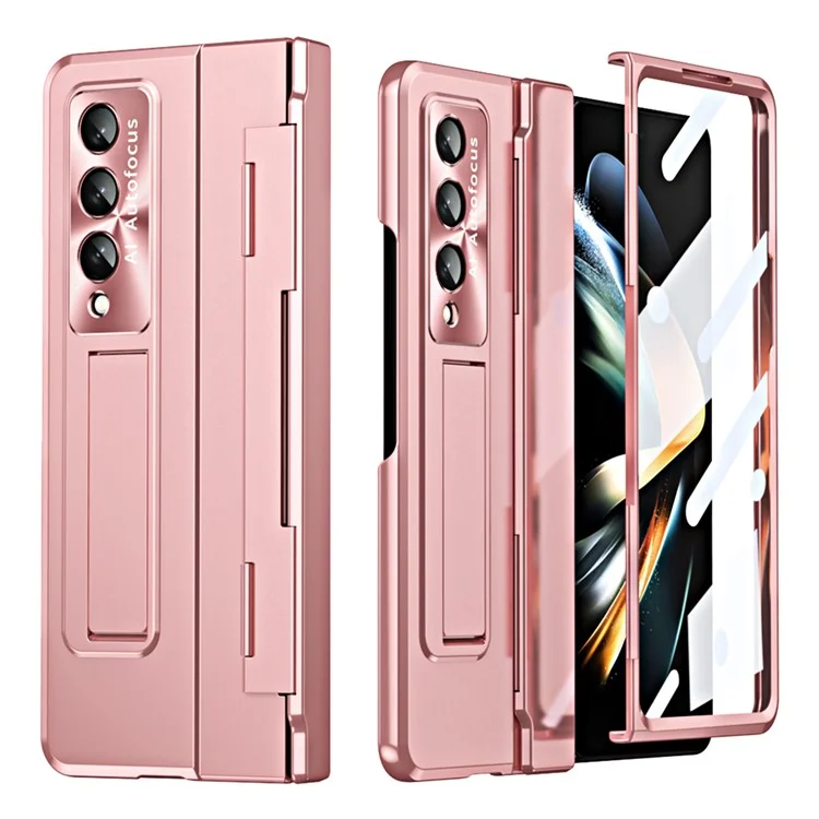 Pour Samsung Galaxy Z Fold4 5G Téléphone Pliant Cover Kickstand Design PC Case Avec Film D'objectif et Film D'écran - Rose