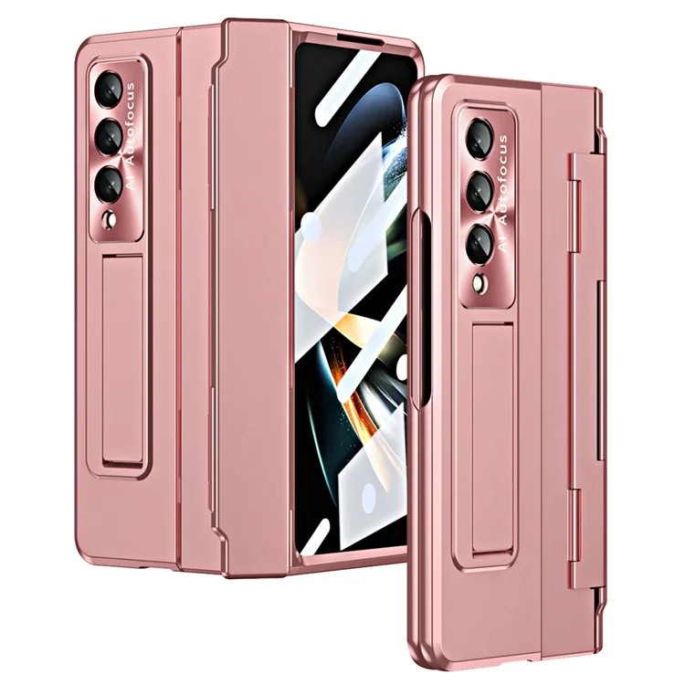 Pour Samsung Galaxy Z Fold4 5G Téléphone Pliant Cover Kickstand Design PC Case Avec Film D'objectif et Film D'écran - Rose